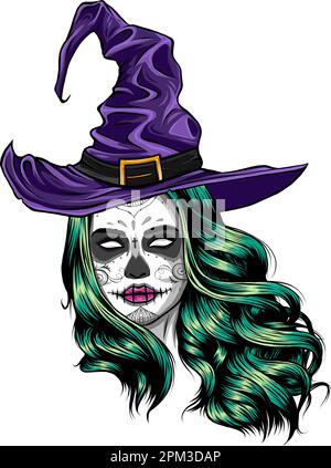 Bella strega con cappello. Disegno vettoriale a mano Illustrazione Vettoriale