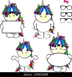 cartellone per cartoni animati e occhiali chibi unicorn kid in formato vettoriale Illustrazione Vettoriale