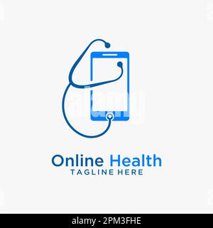 Stetoscopio e smartphone per il design del logo sanitario online Illustrazione Vettoriale