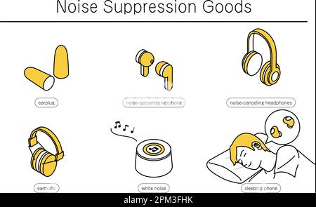 Set illustrato di prodotti per la riduzione del rumore di facile utilizzo, illustrazione vettoriale Illustrazione Vettoriale