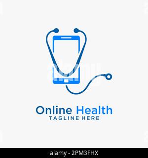 Stetoscopio e smartphone per il design del logo sanitario online Illustrazione Vettoriale