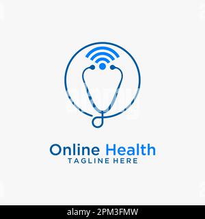 Stetoscopio e segnale wifi per il logo del settore sanitario online Illustrazione Vettoriale
