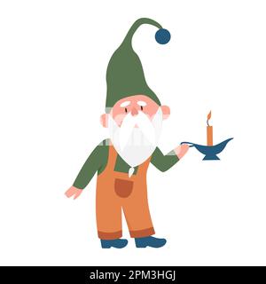 GNOME con candela. Fiaba carino carattere, nano magico tiene candela vettore illustrazione Illustrazione Vettoriale