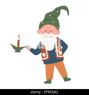 Nano magico con candela. Fiaba maschio gnome, wizard carattere vettore illustrazione Illustrazione Vettoriale