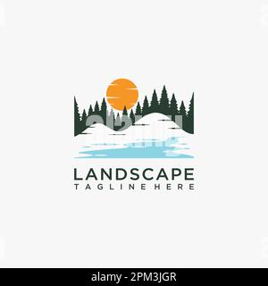 Foresta lago paesaggio logo design Illustrazione Vettoriale