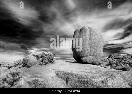 Foto della gigantesca roccia di granito nel Joshua Tree National Park, California. Catturato su una Canon R5 con un sensore convertire con un filtro a infrarossi 720nm. Foto Stock