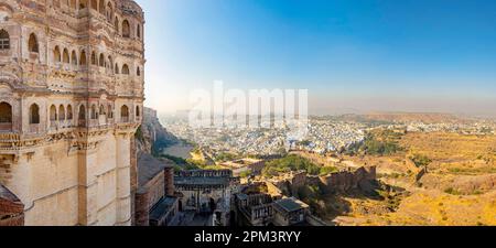 India, stato del Rajasthan, Jodhpur, Fort Mehrangarh e la città blu Foto Stock