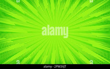 Sfondo comico. Texture pop art. Stile cartoon starburst. Design d'anime con effetto esplosivo per la stampa. Divertente motivo a punti. Sfondo verde Illustrazione Vettoriale