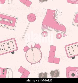 Motivo vettoriale senza cuciture con carini rosa retrò pattini a rotelle, dolce, orologio, allarme retrò. Illustrazione Vettoriale