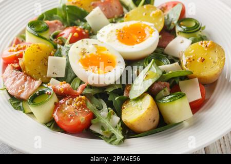 Insalata fatta in casa con verdure, pancetta, formaggio e uova sode condite con salsa di vinaigrette primo piano su un piatto sul tavolo. Orizzontale Foto Stock