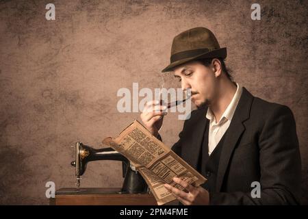 Un uomo fuma una pipa e legge un giornale. Stile retrò. Foto Stock