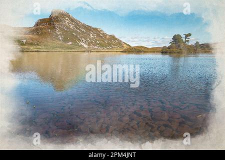 Pared y Cefn-Hir montagna, e Cregennan laghi pittura digitale acquerello durante l'autunno nel Parco Nazionale Snowdonia, Dolgellau, Galles, Regno Unito. Foto Stock