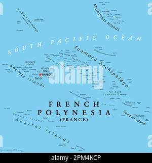 Polinesia Francese, carta politica. Collettività d'oltremare della Francia, e del suo unico paese d'oltremare, nell'Oceano Pacifico meridionale, con 121 isole. Foto Stock