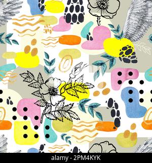 Motivo acquerello in stile collage con macchie, macchie, macchie su sfondo bianco. Modello per confezione di design, cartolina, invito, tessuto, te Foto Stock