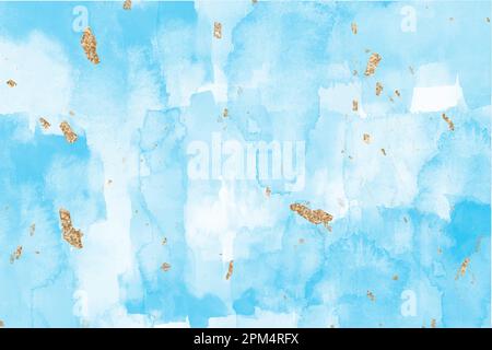 Vernice acquerello blu con aggiunta di polvere d'oro. Sfondo vettoriale ripple astratto del fluido. Sfondo con inchiostro alcolico. Lusso naturale. Ciano pastello Illustrazione Vettoriale