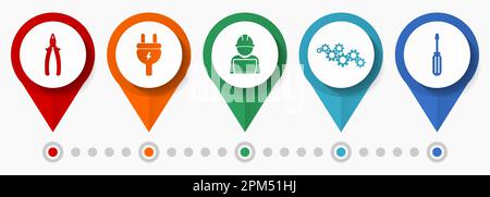 Set di icone di manutenzione, design piatto icone di puntatore varie come pinze, spina, ingegnere, ingranaggi e cacciavite per la progettazione Web e applicazioni mobili Illustrazione Vettoriale