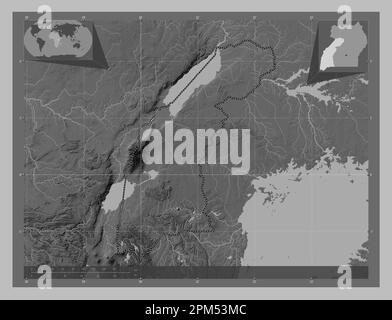 Occidentale, regione dell'Uganda. Mappa in scala di grigi con laghi e fiumi. Mappe delle posizioni ausiliarie degli angoli Foto Stock