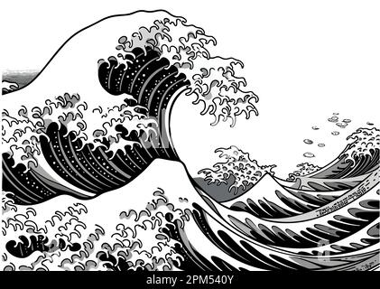 Una grande onda giapponese orientale in un'incisione retrò vintage stile eps 10 Illustrazione Vettoriale
