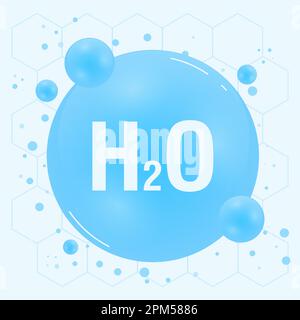 Water H2O Molecule modella blu e formule chimiche naturali. Concetto di ecologia e biochimica. Illustrazione vettoriale Illustrazione Vettoriale