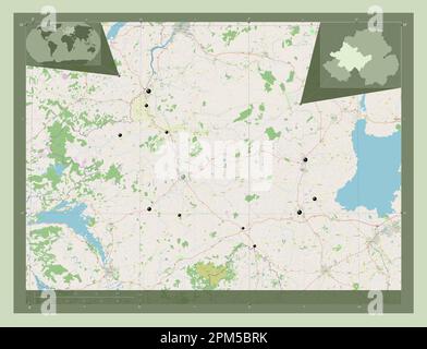 Tyrone, regione dell'Irlanda del Nord. Aprire la mappa stradale. Posizioni delle principali città della regione. Mappe delle posizioni ausiliarie degli angoli Foto Stock