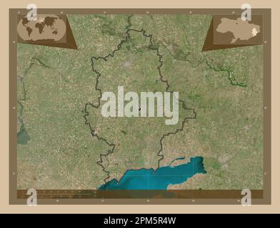 Donets'k, regione dell'Ucraina. Mappa satellitare a bassa risoluzione. Mappe delle posizioni ausiliarie degli angoli Foto Stock