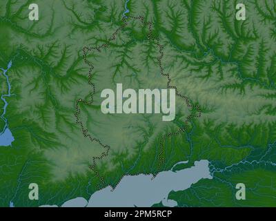 Donets'k, regione dell'Ucraina. Mappa di altitudine colorata con laghi e fiumi Foto Stock