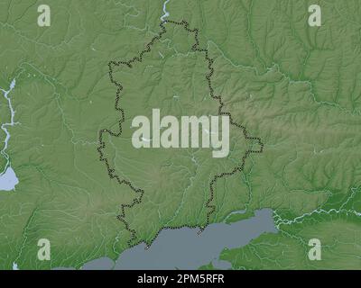 Donets'k, regione dell'Ucraina. Mappa dell'altitudine colorata in stile wiki con laghi e fiumi Foto Stock