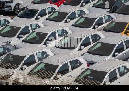 Eilat, israele - 25 novembre 2022: Alto angolo di molte moderne auto bianche identiche parcheggiate su strada asfaltata in fabbrica industriale per la vendita made in Israel Foto Stock