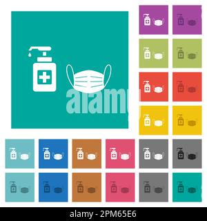Mascherina medica e disinfettante per le mani icone piatte multicolore su sfondi quadrati semplici. Sono incluse le variazioni delle icone bianche e scure per il passaggio del mouse o l'acti Illustrazione Vettoriale
