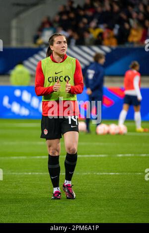 Le Mans, Francia. 11th Apr, 2023. Vanessa Gilles del Canada si scalda davanti alla partita di calcio femminile tra Francia e Canada il 11 aprile 2023 allo stadio Marie-Marvingt di le Mans, Francia - Foto Antoine Massinon/A2M Sport Consulting/DPPI Credit: DPPI Media/Alamy Live News Foto Stock