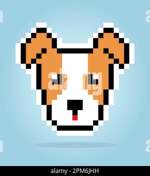 8 bit pixel di jack russell cane. Testa animale per giochi di asset in illustrazioni vettoriali. Motivo di cucitura a croce. Illustrazione Vettoriale