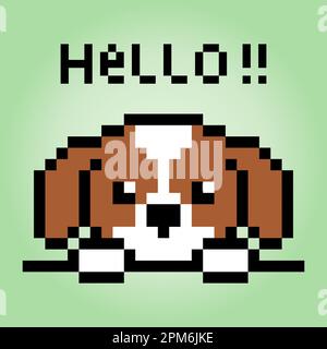 immagine a 8 bit di messaggio di saluto cucciolo . Animali per giochi di asset in illustrazioni vettoriali. Motivo di cucitura a croce. Illustrazione Vettoriale