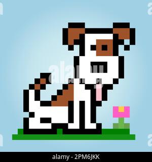 8 bit pixel cane Jack Russell. Testa animale per giochi di asset in illustrazioni vettoriali. Motivo di cucitura a croce. Illustrazione Vettoriale
