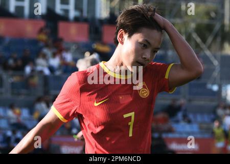 Ibiza, Spagna. 11th Apr, 2023. Wang Shuang della Cina reagisce durante la partita internazionale di calcio amichevole tra Spagna e Cina allo stadio Estadi Can Misses di Ibiza, Spagna, il 11 aprile 2023. Credit: Meng Dingbo/Xinhua/Alamy Live News Foto Stock