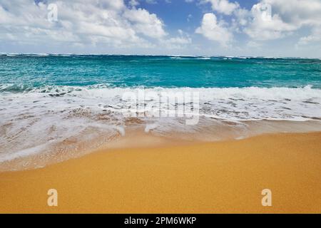 Onde oceaniche che si infrangono su una spiaggia di sabbia Foto Stock