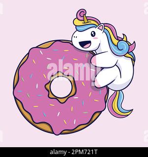 Simpatico unicorno con ciambella. Illustrazione vettoriale. Stile cartone animato. Illustrazione Vettoriale