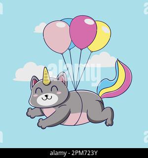 carino unicorno gatto con palloncini elio nel disegno di illustrazione vettore cielo Illustrazione Vettoriale