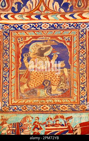 Dipinti mitologici sulla cupola del soffitto di Seth RAM Gopal Poddar Chhatri. 500 murales raffiguranti vite di Lord RAM e Lord Krishna, costruiti 150 anni fa Foto Stock