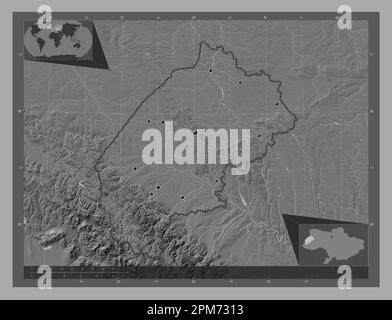 L'viv, regione dell'Ucraina. Mappa altimetrica bilivello con laghi e fiumi. Posizioni delle principali città della regione. Mappe delle posizioni ausiliarie degli angoli Foto Stock