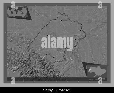 L'viv, regione dell'Ucraina. Mappa altimetrica bilivello con laghi e fiumi. Località e nomi delle principali città della regione. Posizione ausiliaria angolo ma Foto Stock