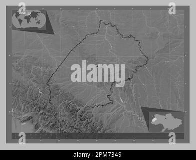 L'viv, regione dell'Ucraina. Mappa in scala di grigi con laghi e fiumi. Mappe delle posizioni ausiliarie degli angoli Foto Stock