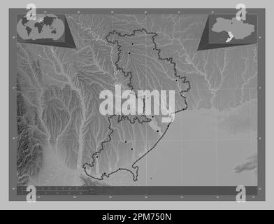 Odessa, regione dell'Ucraina. Mappa in scala di grigi con laghi e fiumi. Posizioni delle principali città della regione. Mappe delle posizioni ausiliarie degli angoli Foto Stock