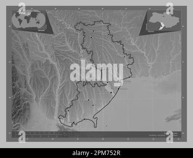 Odessa, regione dell'Ucraina. Mappa in scala di grigi con laghi e fiumi. Località e nomi delle principali città della regione. Posizione ausiliaria ad angolo Foto Stock