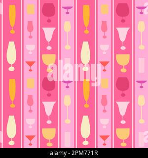 Motivo a righe senza cuciture con diversi bicchieri da cocktail nei colori rosa e giallo. Illustrazione Vettoriale