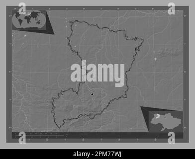 Rivne, regione dell'Ucraina. Mappa altimetrica bilivello con laghi e fiumi. Mappe delle posizioni ausiliarie degli angoli Foto Stock