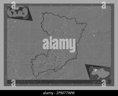 Rivne, regione dell'Ucraina. Mappa altimetrica bilivello con laghi e fiumi. Località e nomi delle principali città della regione. Posizione ausiliaria angolo ma Foto Stock