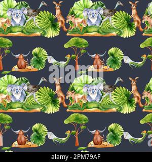 Disegno senza cuciture di animali cartoni animati acquerello isolato su nero. Carino koala, emu, canguro, bullon estate riposo disegnato a mano. Elemento di design per la stampa, Foto Stock