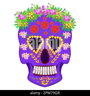 Cranio di zucchero messicano. Dia de Los Muertos. Giorno dei morti. Cultura popolare del Messico. Cranio viola con ornamento floreale colorato. Illustrazione vettoriale Illustrazione Vettoriale