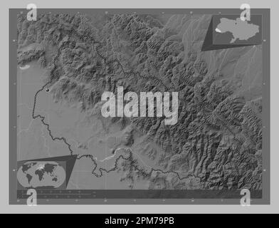 Transcarpazia, regione dell'Ucraina. Mappa in scala di grigi con laghi e fiumi. Mappe delle posizioni ausiliarie degli angoli Foto Stock
