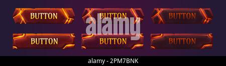 Set di animazione pulsanti gioco lava. Disegno vettoriale di cornici in pietra con crepe arancioni. Menu, impostazioni, riproduzione, accesso, azione clic. Foglio di sprite di animazione, effetto push. Elemento di progettazione dell'interfaccia utente Web Illustrazione Vettoriale